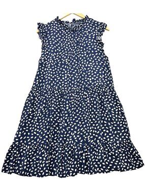 Women's Cottagecore Ruffled Tiered Mini Dress Sz L Navy White Speckles